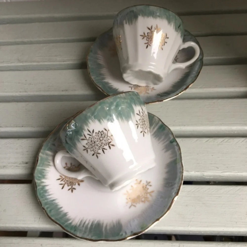 Vintage Demitasse Cups and Saucers Blue & White w/ Gold Trim Accents Set of Two